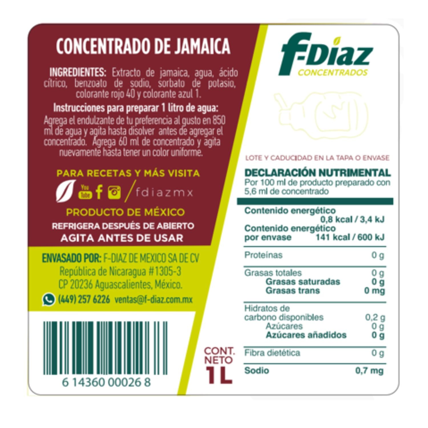 CONCENTRADO DE JAMAICA 1 LITRO SIN AZUCAR